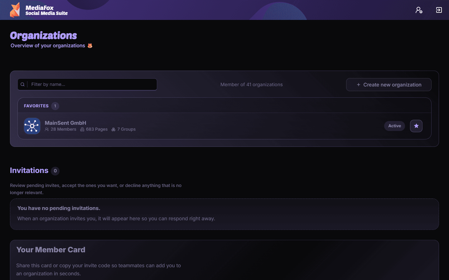 MediaFox account dashboard showing organizations and invitations