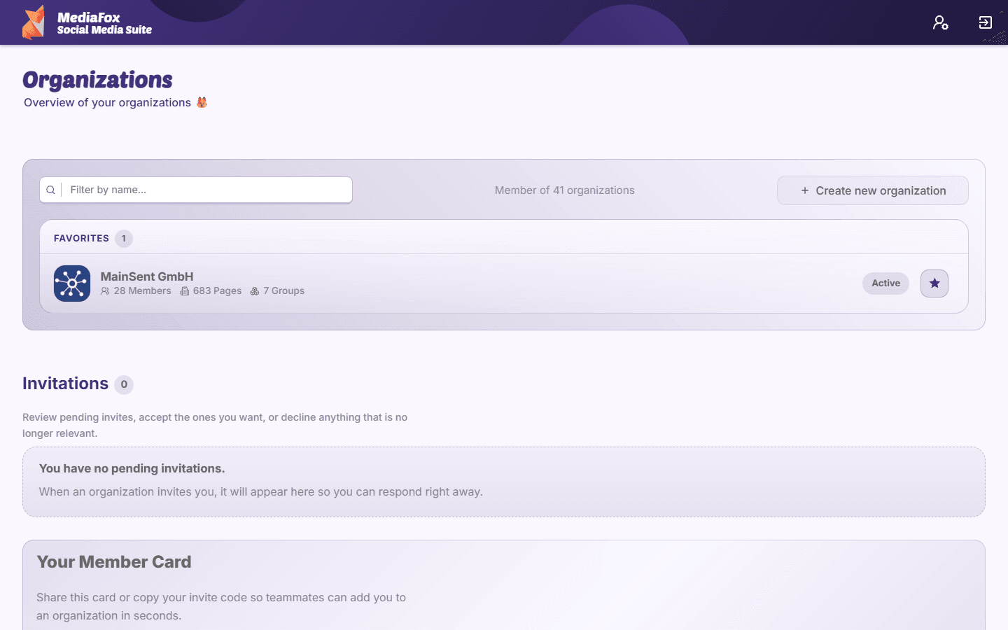 MediaFox account dashboard showing organizations and invitations