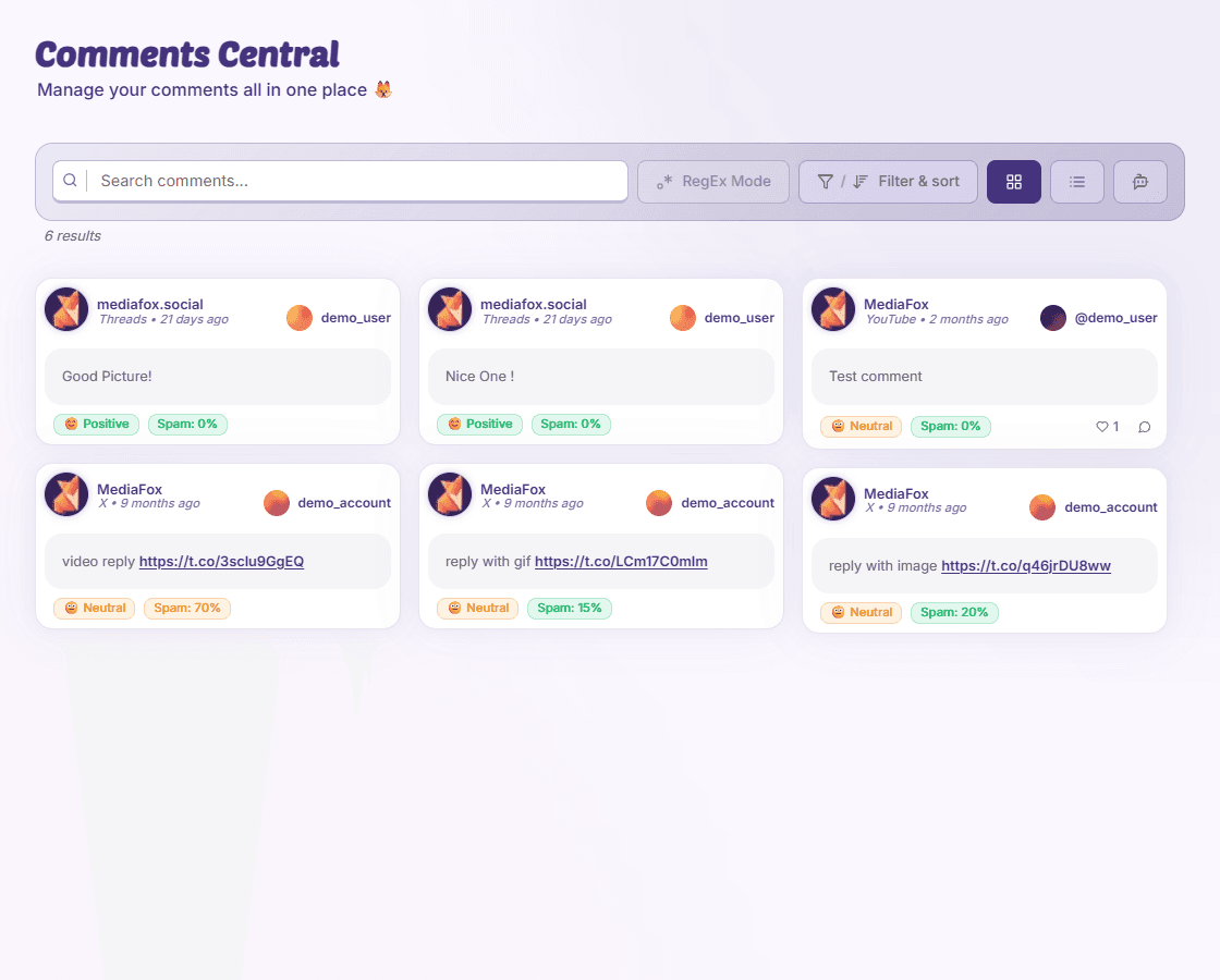 MediaFox Comments Central workspace