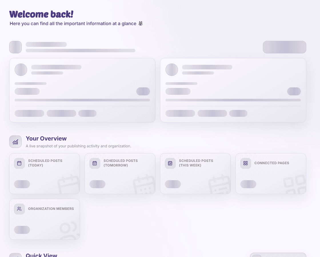 MediaFox organization dashboard with overview cards and Quick View