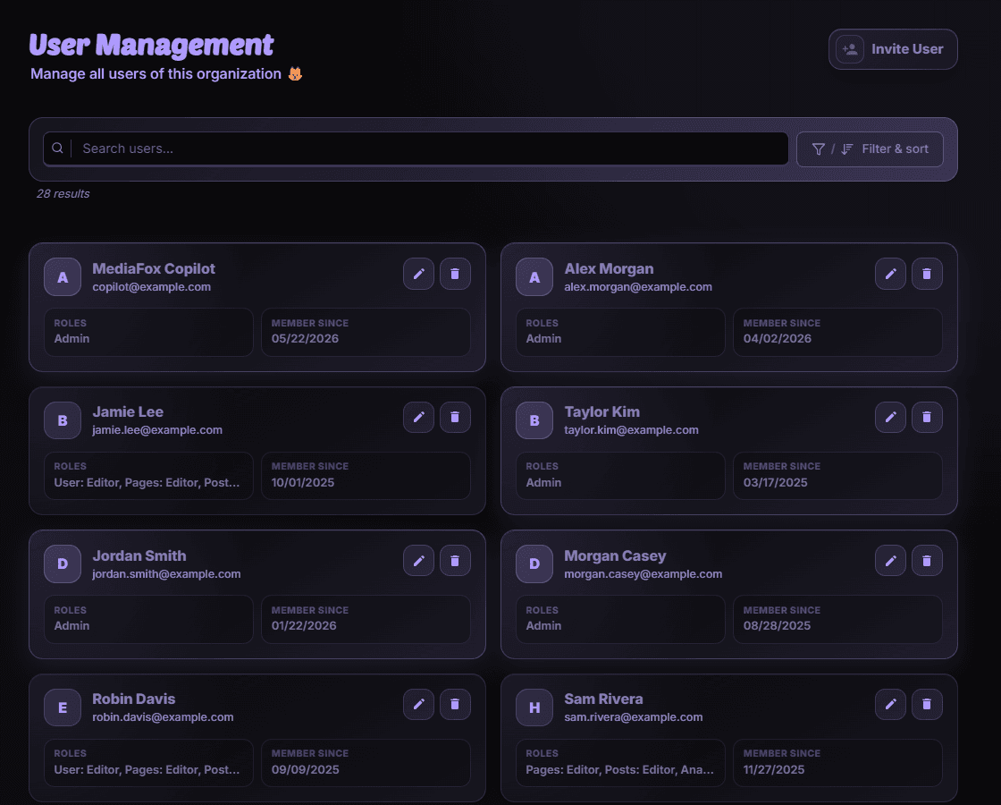 MediaFox User Management with organization members and roles
