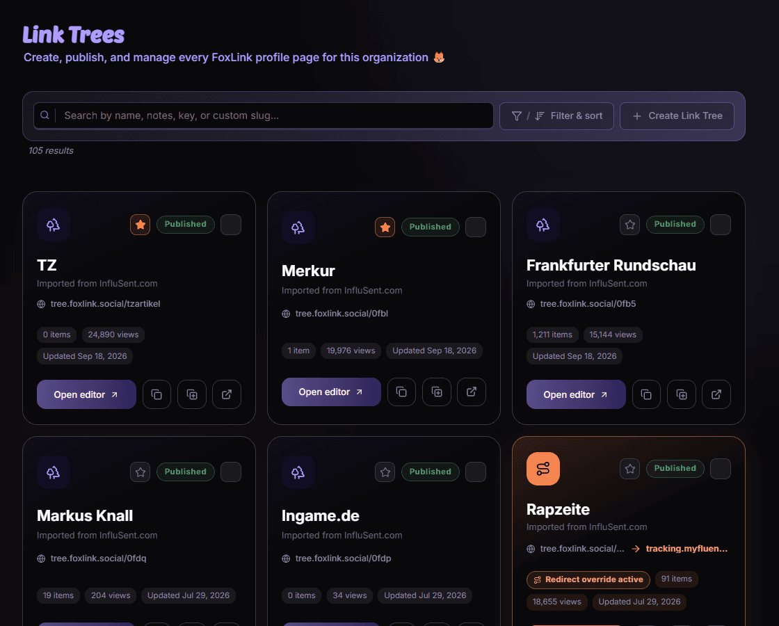 FoxLink Link Tree library in MediaFox