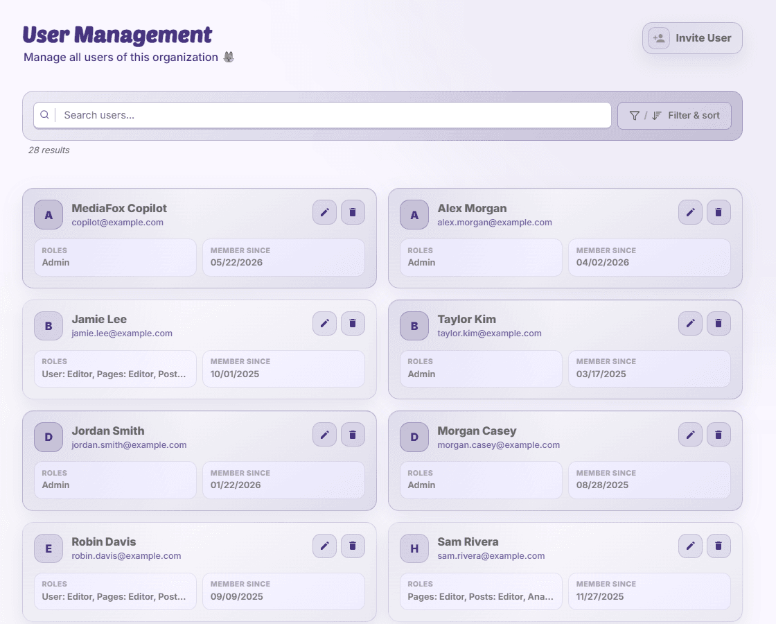 MediaFox User Management with organization members and roles